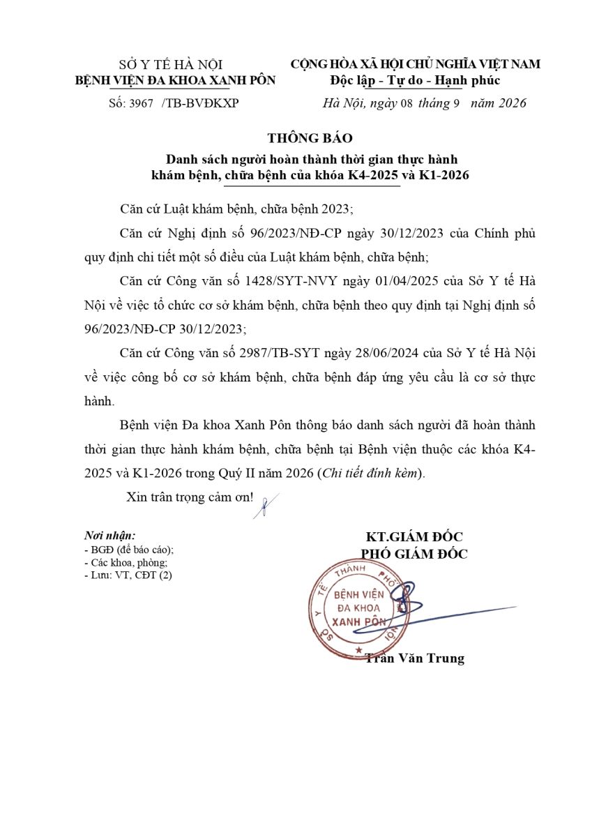THÔNG BÁO Danh sách người hoàn thành thời gian thực hành khám bệnh, chữa bệnh của khóa K4-2025 và K1-2026