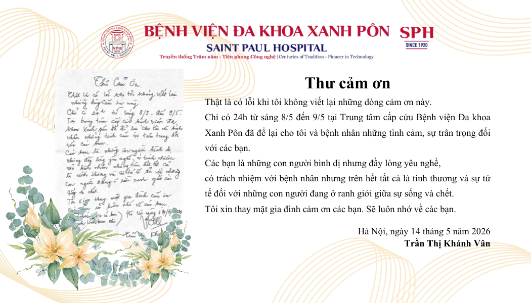 Thư cảm ơn Trung tâm Cấp cứu Bệnh viện Đa khoa Xanh Pôn