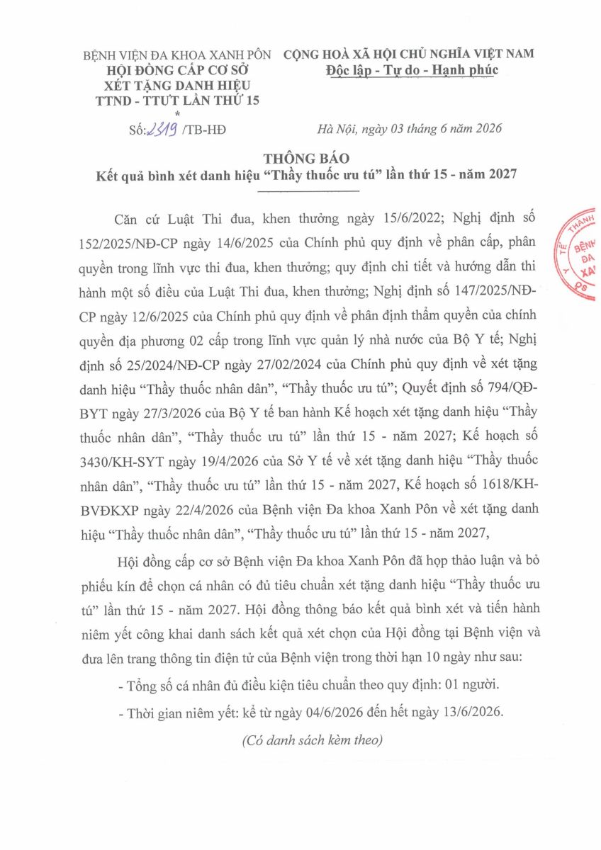 THÔNG BÁO kết quả bình xét danh hiệu "Thầy thuốc ưu tú" lần thứ 15 - năm 2027