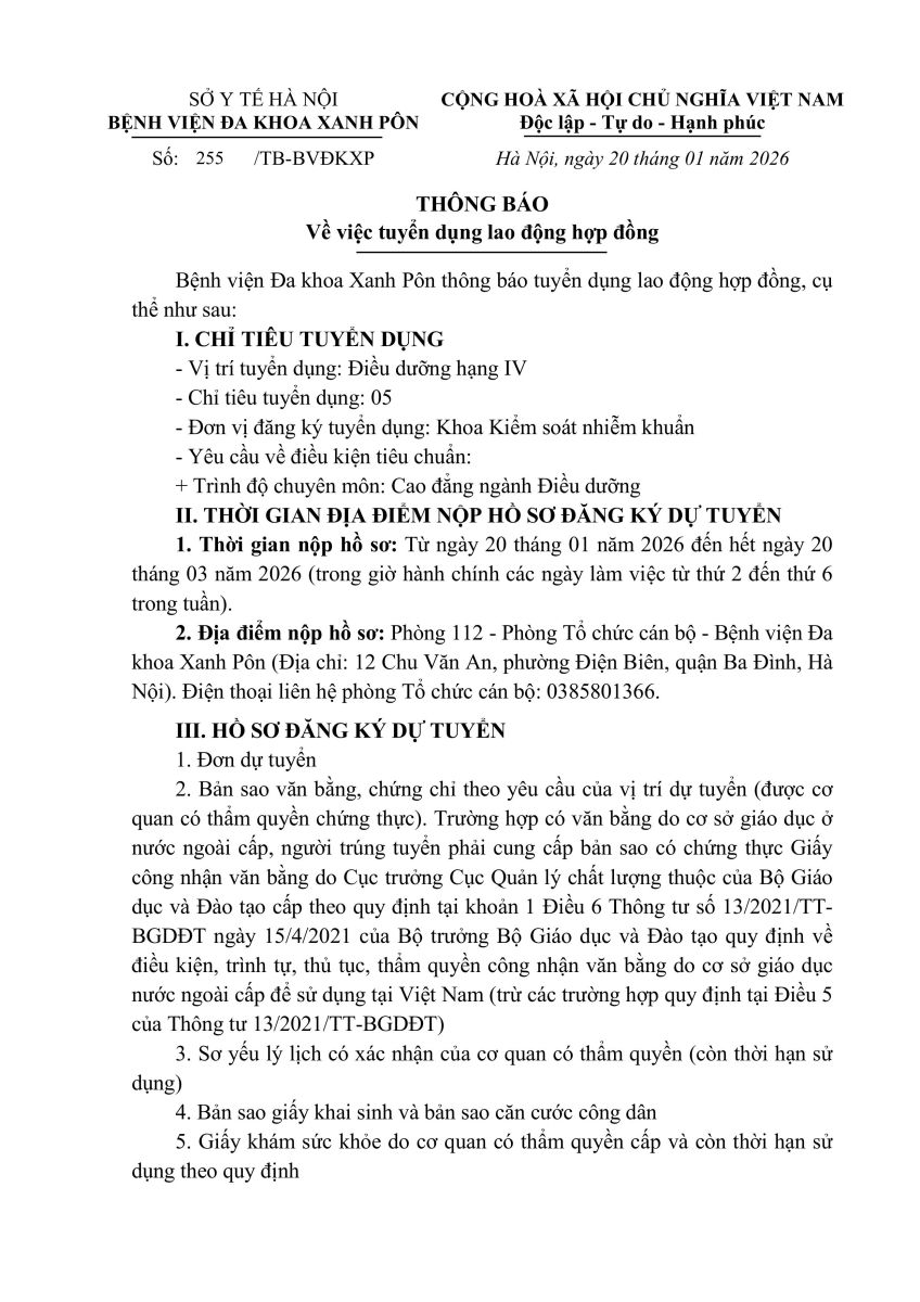 Thông báo về việc Tuyển dụng Lao động hợp đồng