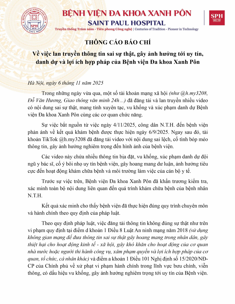 THÔNG CÁO BÁO CHÍ Về việc lan truyền thông tin sai sự thật, gây ảnh hưởng tới uy tín, danh dự và lợi ích hợp pháp của Bệnh viện Đa khoa Xanh Pôn